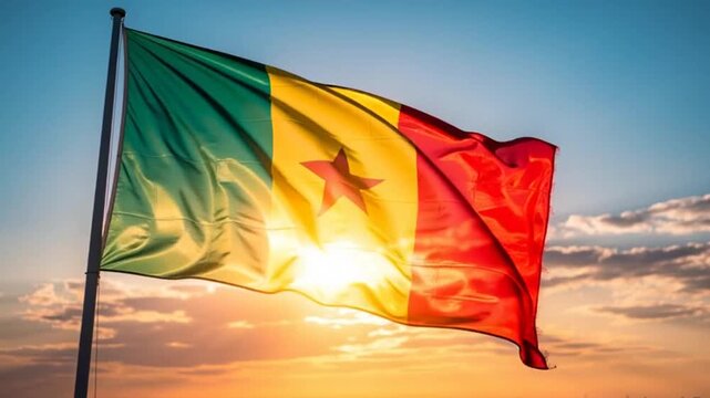 National flag of senegal waving against a golden sunset sky