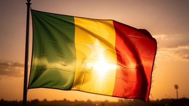 Mali flag waving against a golden sunset sky