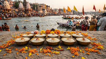 Obraz premium Ganga dussehra prayer ceremony with ritual rice bowls by the river