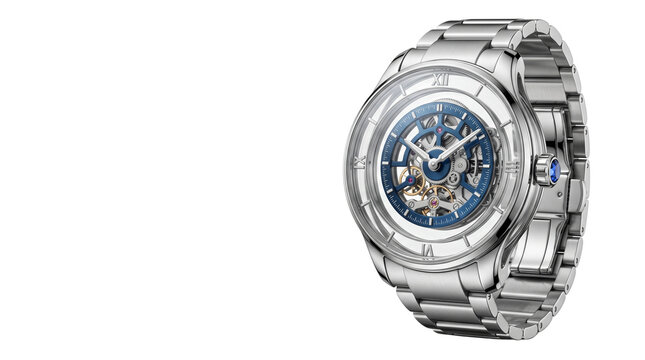 Luxury skeleton watch with visible mechanical movement, premium stainless steel wrist watch for men, elegant silver timepiece with blue dial accents
