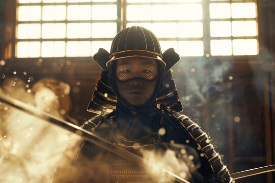 Japanese Boy in Kendo Armor in Ready Stance with Golden Light Shaft in Traditional Dojo
