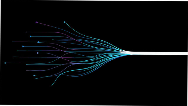 Branching lines with circular ends on a black background a digital illustration diverging radiating