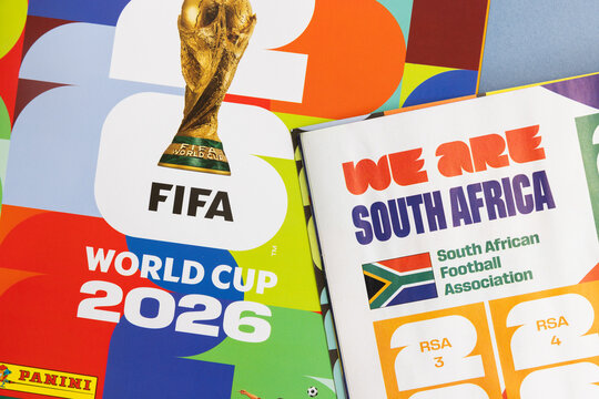 LONDON, UK - JUNE 2026: south africa team page with flag in the 2026 world cup sticker book