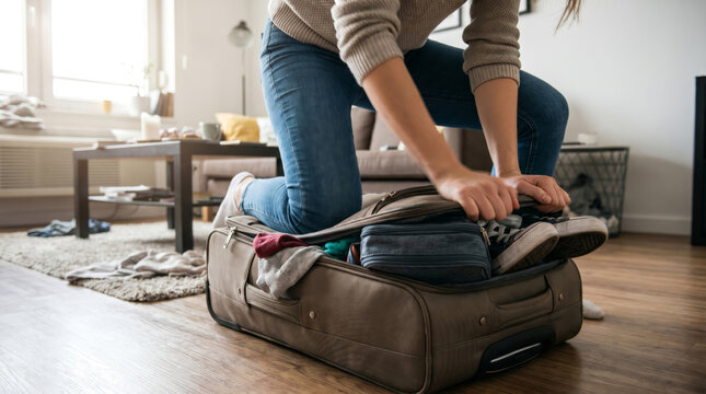 A person struggling to close an overpacked suitcase filled with clothes in a living room