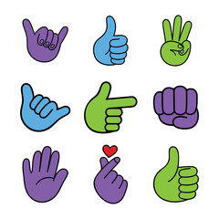 Fototapeta premium Various colorful cartoon hand gestures icons for social media and creative design.