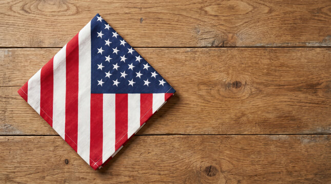 Folded American flag napkin on natural wooden table with generous copy space, patriotic dining background for USA Independence Day celebrations, summer gatherings and holiday events