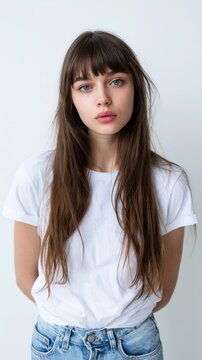 A young model with long hair and bangs, in a white T-shirt and blue jeans.