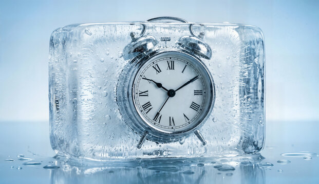 Vintage alarm clock frozen inside solid block of ice representing time management concept or stopping moments with cold temperature effects and melting water drops.