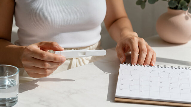 woman checking pregnancy test result with calendar. Girl tracking fertility cycle and planning maternity. Medical healthcare diagnostic, family planning and motherhood preparation concept