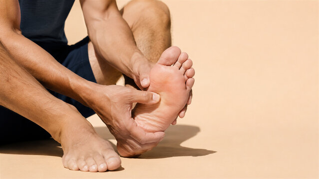 man massaging his foot to relieve pain. Athlete touching sole to soothe muscle tension after exercise. Healthcare concept for orthopedic injury recovery, podiatry care and wellness treatment