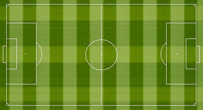 Soccer field features a geometric green grass pattern with white boundary lines marked on the pitch.