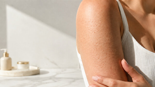 woman checking skin condition on arm showing keratosis pilaris. Skin texture problem with red bumps on shoulder. Dermatology treatment and skincare concept for body health and beauty
