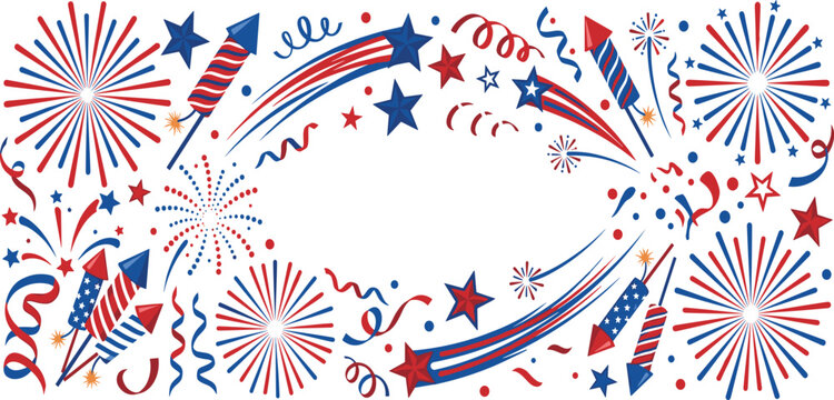 Fourth of July independence day fireworks frame with stars rockets and confetti decoration vector