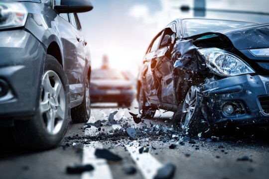 Damaged black car involved in a severe collision with debris scattered on city street during daytime traffic accident scene with other vehicles nearby
