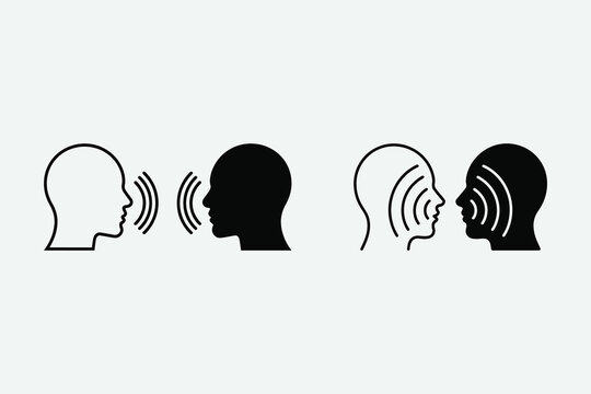Speak symbol, voice icon outline and filled, human head with sound waves
