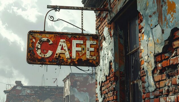 Corroded vintage cafe sign, riddled with shrapnel holes, hangs askew against a dilapidated brick building.