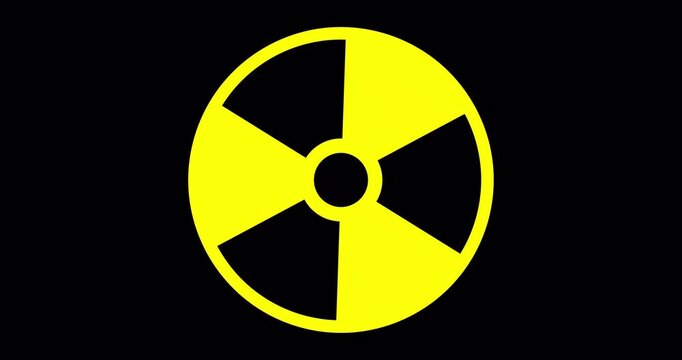 3D animation of rotating radiation warning symbol on transparent background. Black trefoil and circular design illustrate radioactive hazard, nuclear safety, risk awareness, and warning signage.