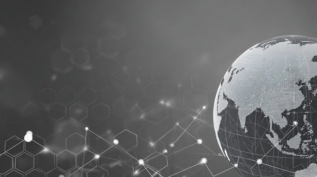 An abstract digital illustration against a cool gray background depicts stylized maps of various regions. Subtle hexagonal background textures reinforce the concept of connecting data transmission.