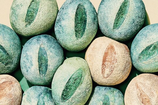 Green and tan bread rolls in a close-packed formation for artisanal bakery social media, boutique pastry shop marketing and modern food background