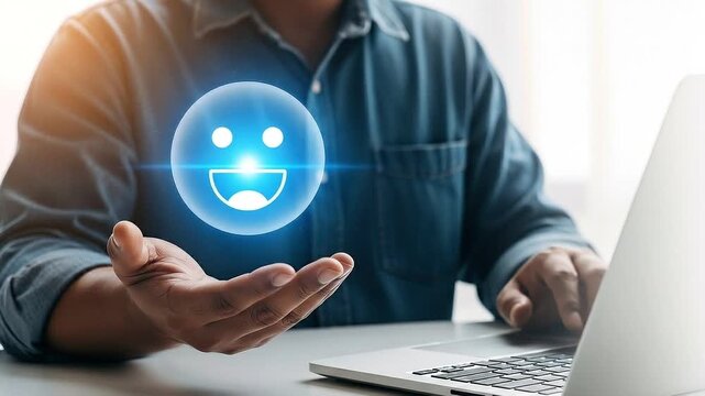 Business person holding a glowing blue happy customer feedback emoji icon motion animation video.