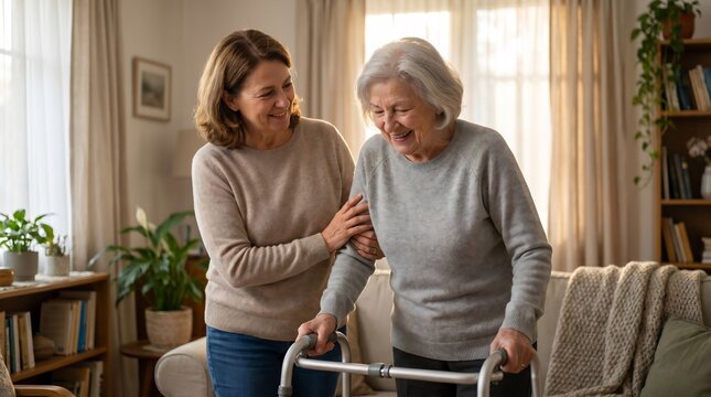 Smiling caregiver helping senior woman.