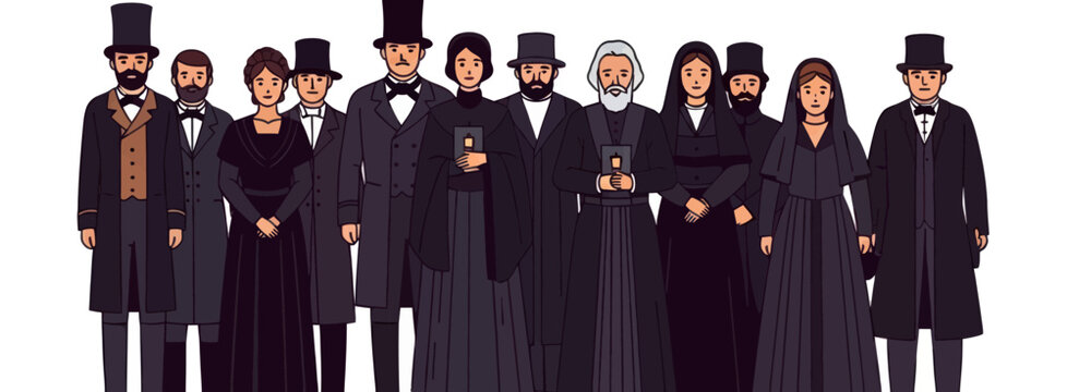 A somber assembly of Victorian mourners reflects the gravity of a nineteenth-century funeral tradition.