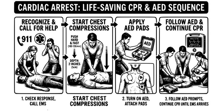 CPR Sequence Engraving Black White-Compression AED Placement Team-Resuscitation Vector-CPR Icon Engraving-EMS Design Set