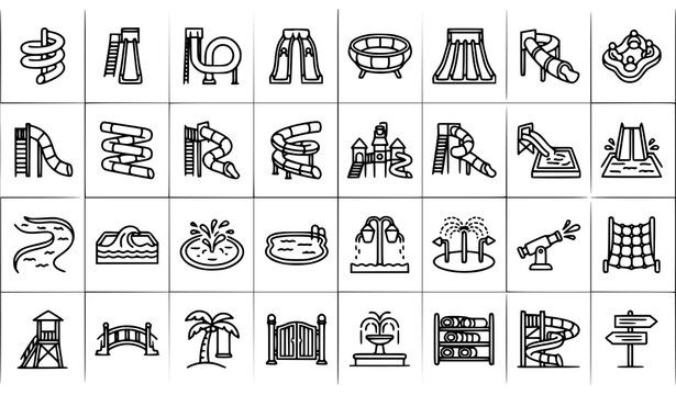 Water Park Icon Set Featuring Aqua Slides Swimming Pools Fountains Lazy River and Amusement Attractions Line Art Grid Template