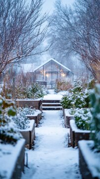 Serene garden pathway covered in fresh snow leading to a warmly lit greenhouse under a peaceful winter sky with bare trees framing the scene