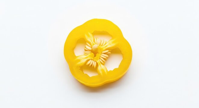 A single round slice of vibrant yellow pickled banana pepper with visible seeds, isolated on a clean white background for food photography, preserve, photography, topping