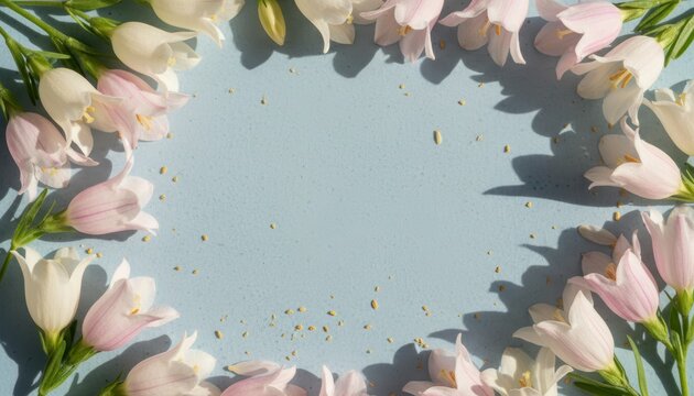 Border of white and pink bell-shaped flowers with deep shadows and scattered pollen on a textured light blue surface