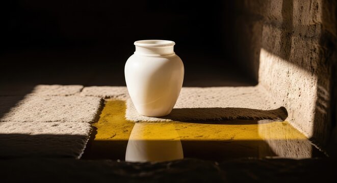 A smooth alabaster jar sits on a stone floor next to a pool of golden oil shimmering in the soft light of an ancient room with shadows, fragrance, pool, glow