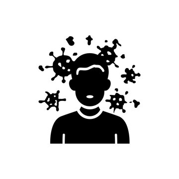 Human torso icon surrounded by floating virus particles, representing a contagious patient.
