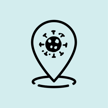 Map pin location icon enclosing a virus cell, marking an outbreak hotspot.

