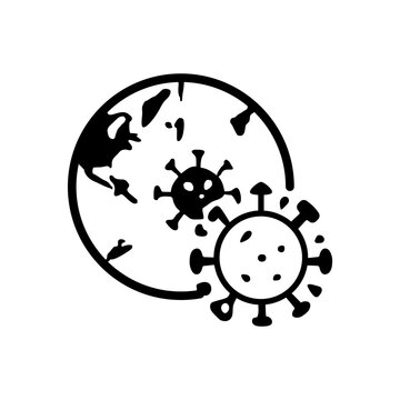 Planet Earth globe icon surrounded by viral cells indicating a global pandemic.
