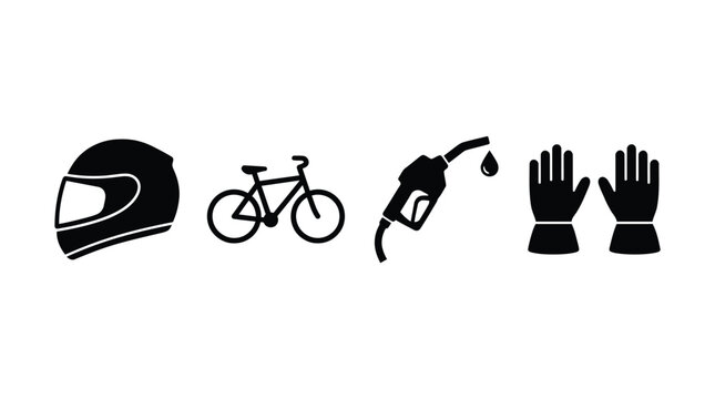 Black Silhouette Icons Set of Motorcycle Helmet, Bicycle, Gas Pump Nozzle, and Protective Gloves 