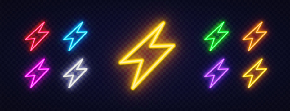 Set of 9 neon glowing thin lightning bolt icons in multiple colors including yellow, red, blue, green, purple and pink on dark transparent background. Electric symbols for game, sport or power design.