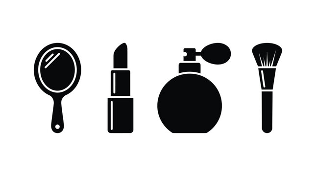 Beauty and Makeup Icon Set Featuring Hand Mirror, Lipstick, Perfume Bottle, and Cosmetic Brush Black Silhouettes