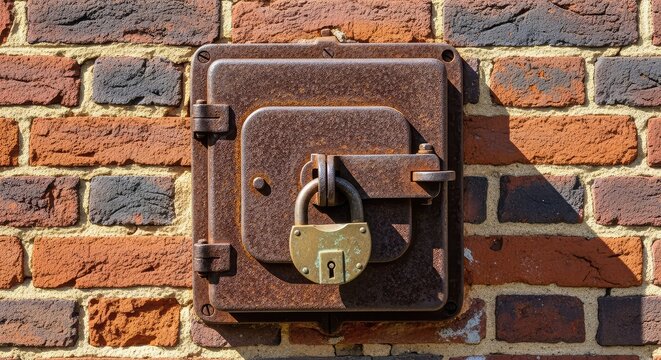 Close-up of a rustic, weathered metal fusebox on an old brick wall, featuring a rusted iron hatch securely fastened with a heavy padlock, brick, maintenance, industrial