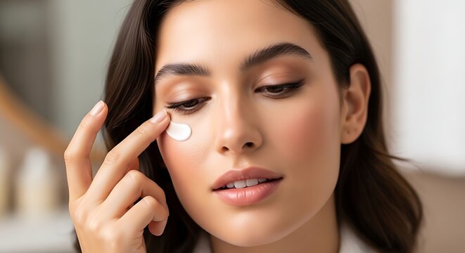 Young woman gently applies hydrating eye cream to her delicate under-eye skin, a mindful step in her daily beauty ritual for a fresh, radiant, and healthy complexion