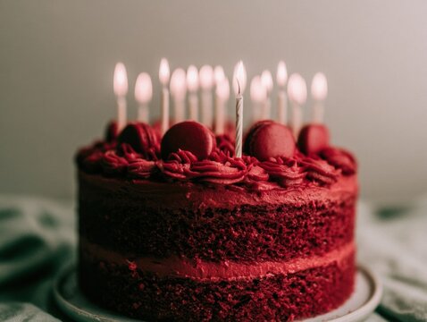 Red layered birthday cake with lit candles and macarons on a light colored surface for pastry shop promotion, bakery advertising and festive food styling with copy space