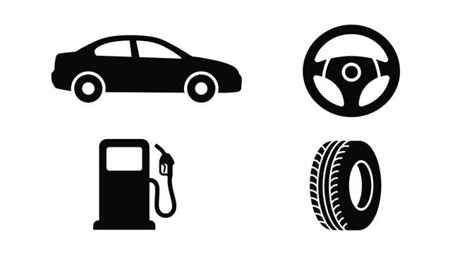 Automotive Icons Set with Car Steering Wheel Gas Pump and Tire Black Vector Symbols