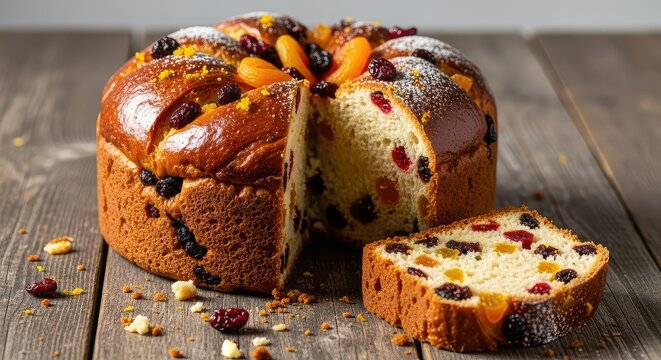 Freshly baked golden sweet bread with a thick slice removed showing dried fruits and zest, arranged on a rustic wooden table for a holiday, panettone, fruit, celebration
