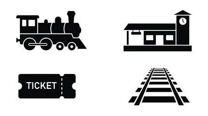 Fototapeta premium Train and railway station solid icon set. Includes steam locomotive, ticket, station building, and railroad tracks.