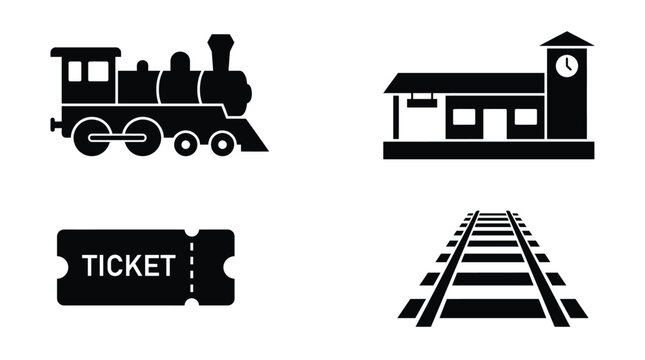 Railway Transportation Icons Set with Train Station Tracks and Ticket Black Vector Symbols
