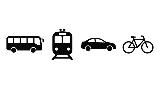 Transportation Icons Set with Bus Train Car and Bicycle Black Vector Travel Symbols