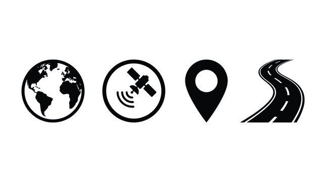 Navigation Icons Set with Globe Satellite Map Pin and Road Vector Location Symbols