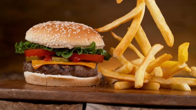 Gourmet beef burger with falling french fries, delicious cheeseburger on wooden board, fast food meal with sesame bun and golden potatoes