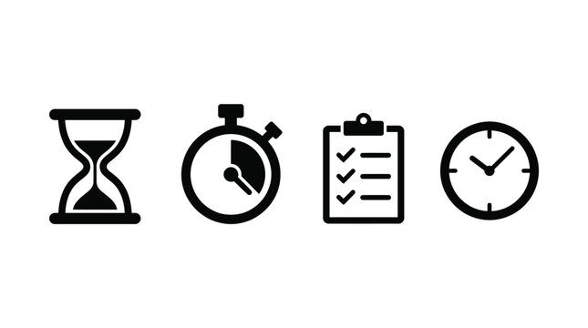 Time Management Icons Set with Hourglass Stopwatch Clock Clipboard Task Planning and Productivity Symbols