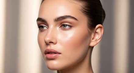 Fototapeta premium Close-up of a beautiful woman's face with glowing skin, showcasing a natural, healthy complexion and flawless makeup